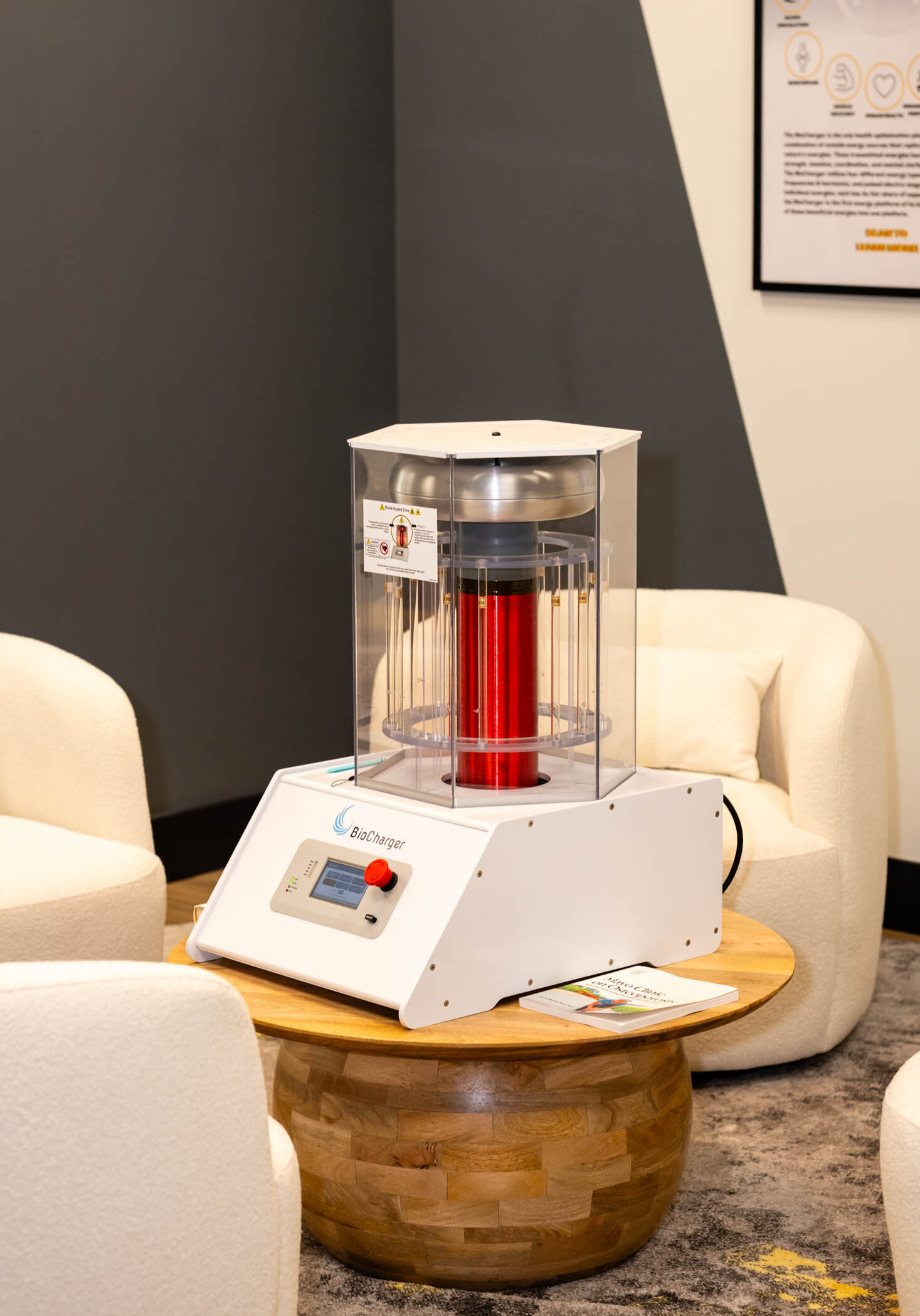 Laboratory equipment on wooden table in room.