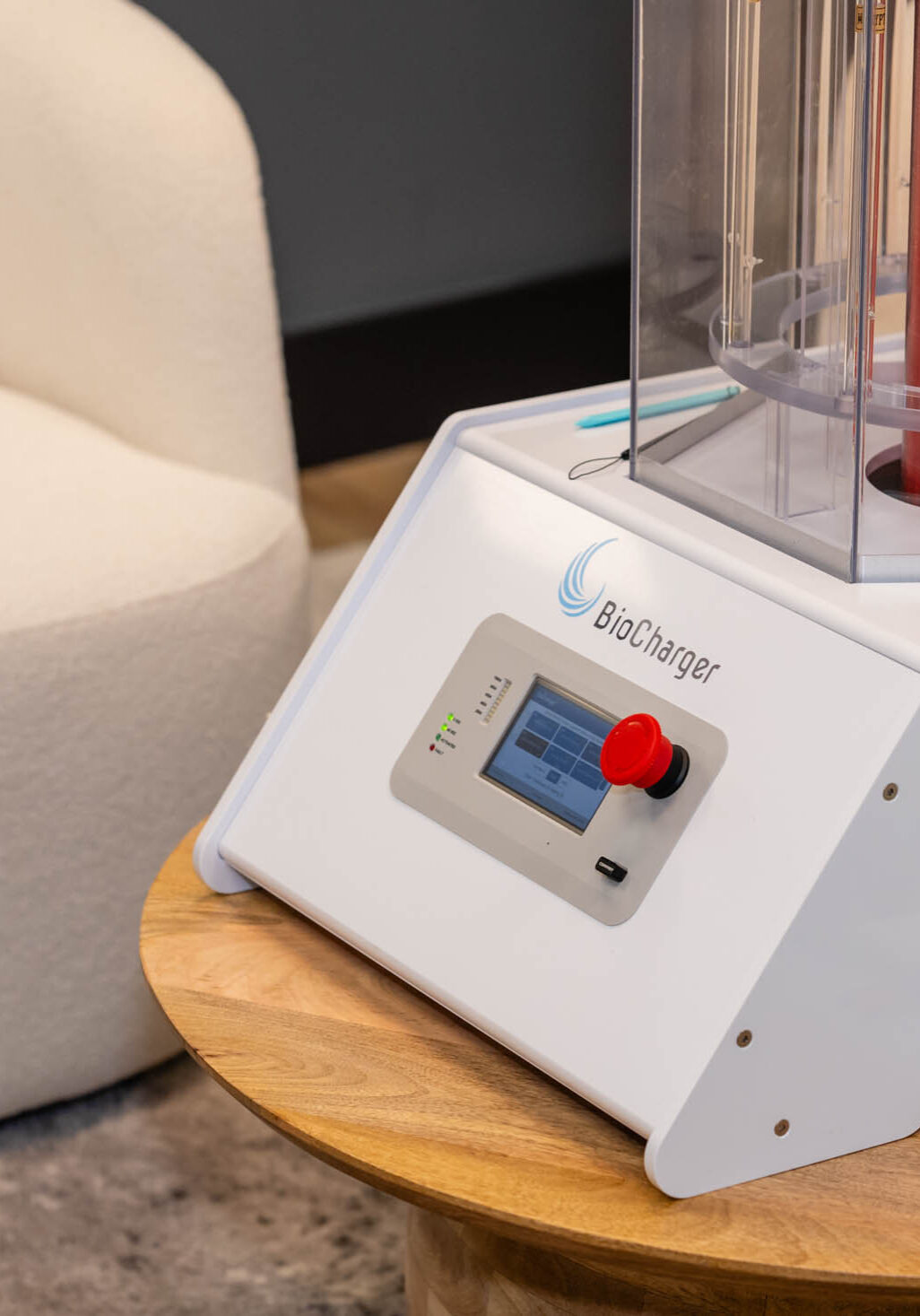 Medical device on a wooden table.